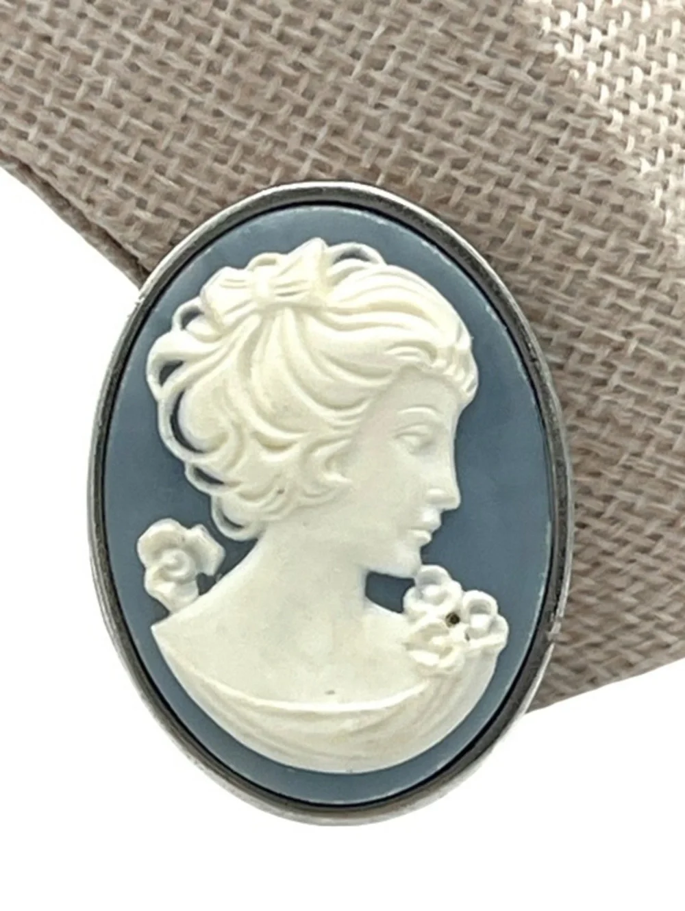 Crown Trifari Emboss Cameo Silvertone Blue Celluloid Brooch